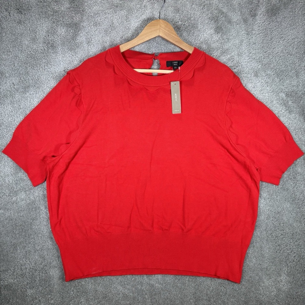 J Crew Sweater Womens 2X Red Knit Crewneck Short Sleeve Ruffle Trim NWT